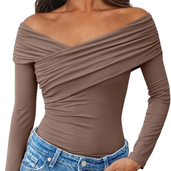 Tops - Trendy Queen Women Off The Shoulder Tops tan